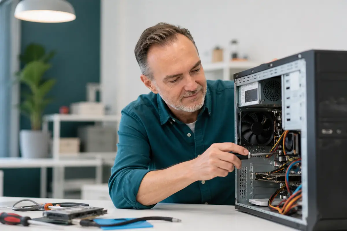 Technician inspecting desktop computer components